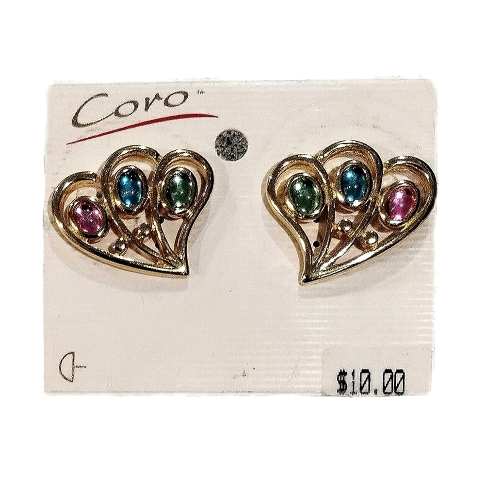 1970s Coro Gold Tone Cabuchon Austrian Crystal Earrings